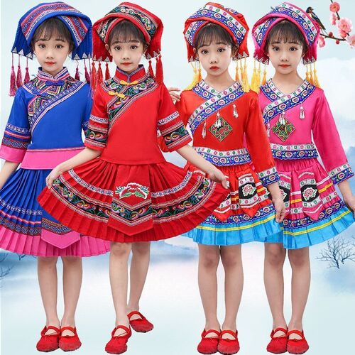 New minority ethnic clothing for children, San Yue San Zhuang and Miao dance costumes for girls, Tujia and Yi performance costumes