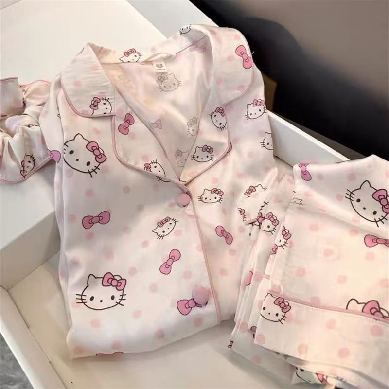 Sweet and Cute Polka-Dot Kitten Pajamas for Women, Spring and Autumn Long-Sleeved and Long-Pants Two-Piece Set That Can Be Worn Both at Home and Outside