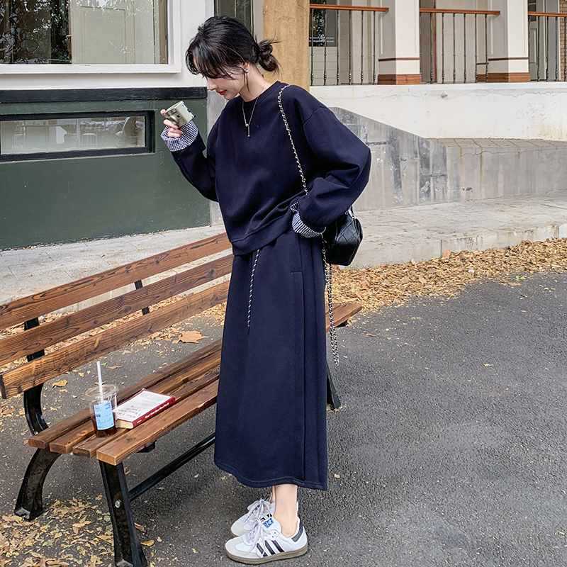 藏青色高级感休闲卫衣套装裙女2025春季韩系宽松运动半身裙两件套|undefined