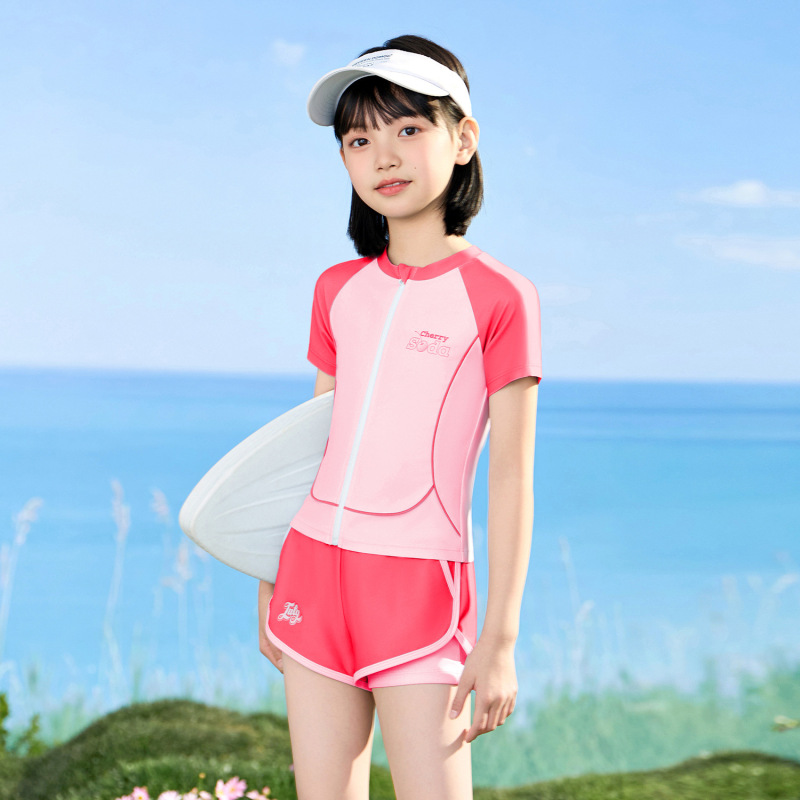子供水着 女の子 2025年新作 スプリット日焼け止め 2点セット 中学生以上 速乾水着用品|undefined