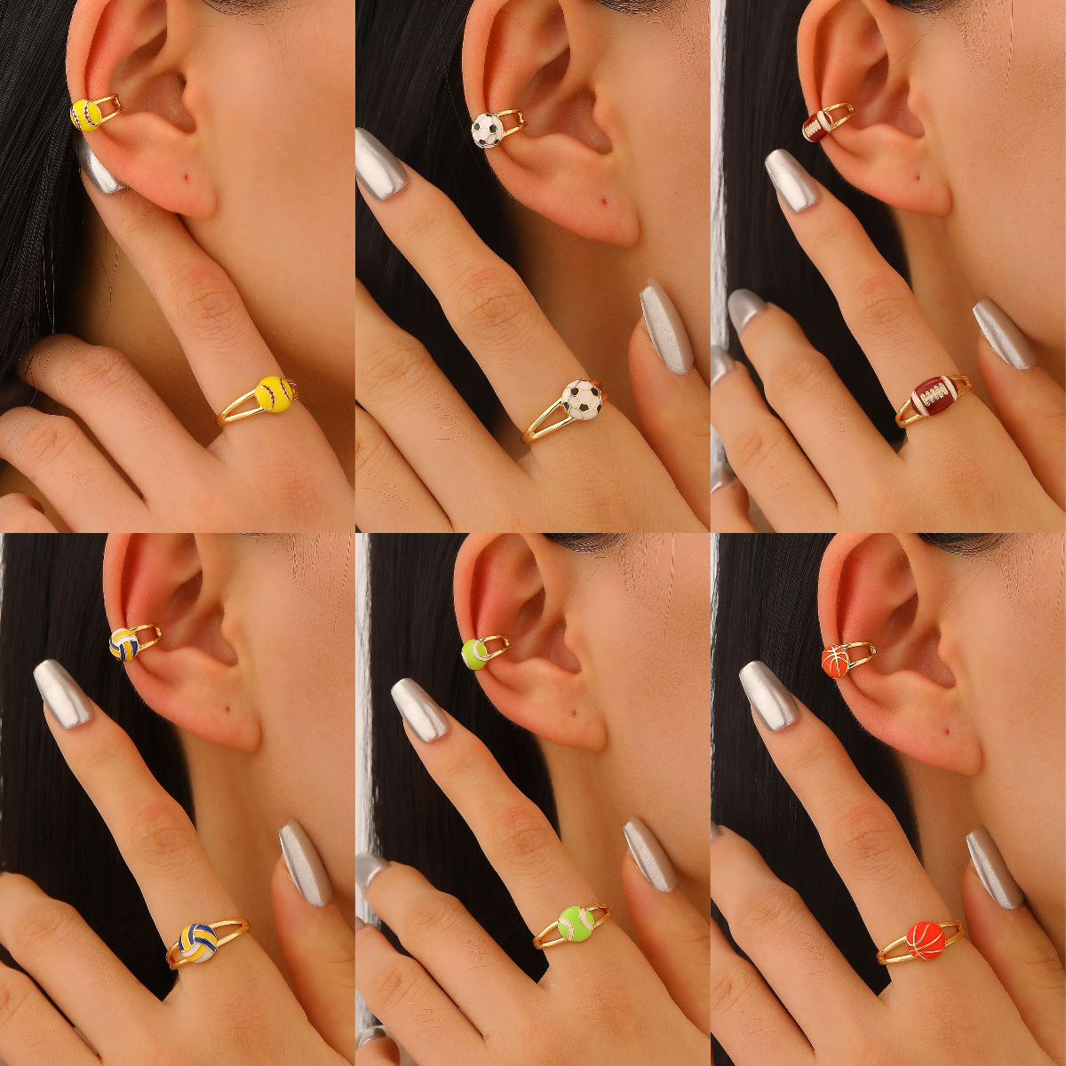 European and American Sports Ball Ear Clips for Women Without Pierced Ears, Rugby, Basketball, Baseball, Billiards, Basketball, Football Ear Bone Clips Without Holes