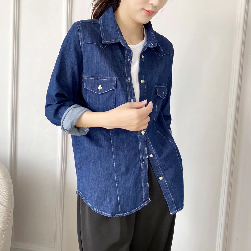 2022 Autumn New Korean style simple slim fit regular denim clothes shell buckle Flip pocket solid color shirt for women
