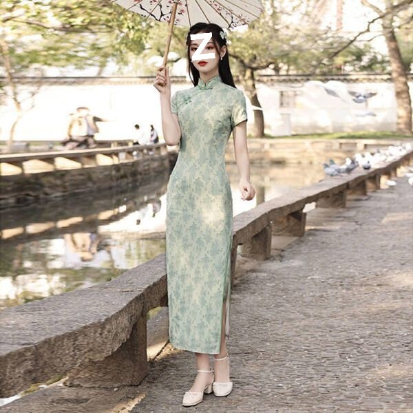 Improved Cheongsam with Print, New Style for Women, Summer Green Youthful Dress, Hip-Hugging Long Skirt with Retro Elegance Improved Cheongsam with Print, New Style for Women, Summer Green Youthful Dress, Hip-Hugging Long Skirt with Retro Elegance