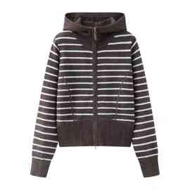 2026春季新款女装时尚连百搭帽条纹双拉链针织开衫上衣1H2630891