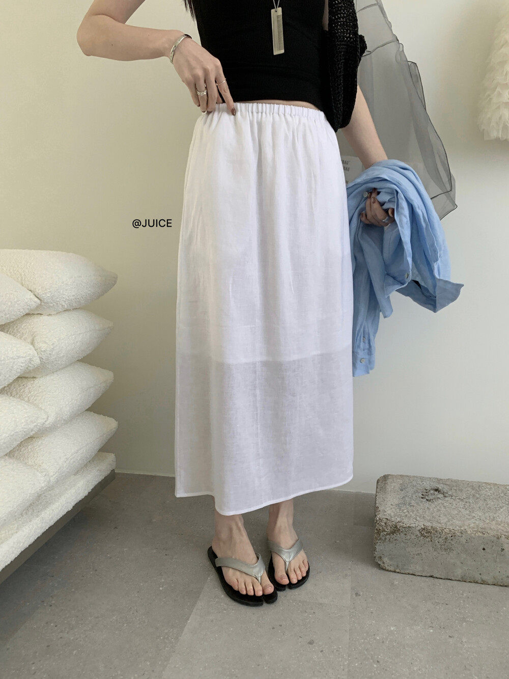 Chân váy linen cạp chun chữ A dáng dài nữ phong cách tối giản — màu đen, Xanh đen, Xanh nước biển, Màu cà phê chi tiết 5