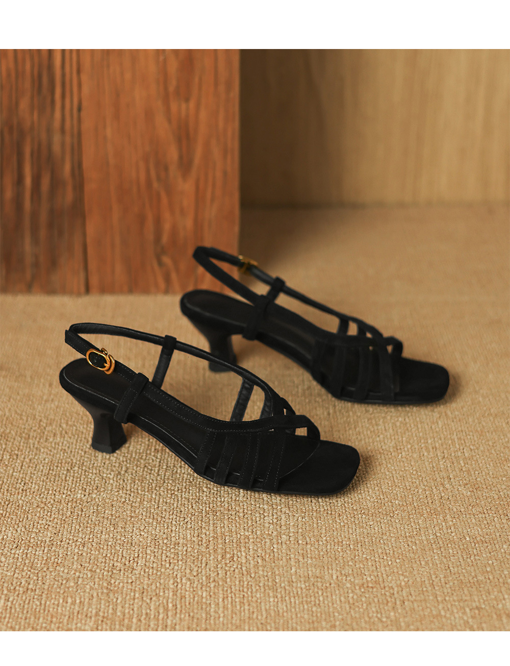 Sandal nữ hở mũi gót dày bện 5.5cm kiểu La Mã — da cừu đen chi tiết 14