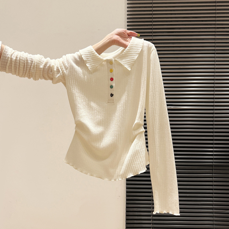 Brand Export ~ Cut Label Counter Polo Collar Colorfulful Button Long-Sleeved T-Shirt Women's Waist Pleated Pinch Waist Top Ins