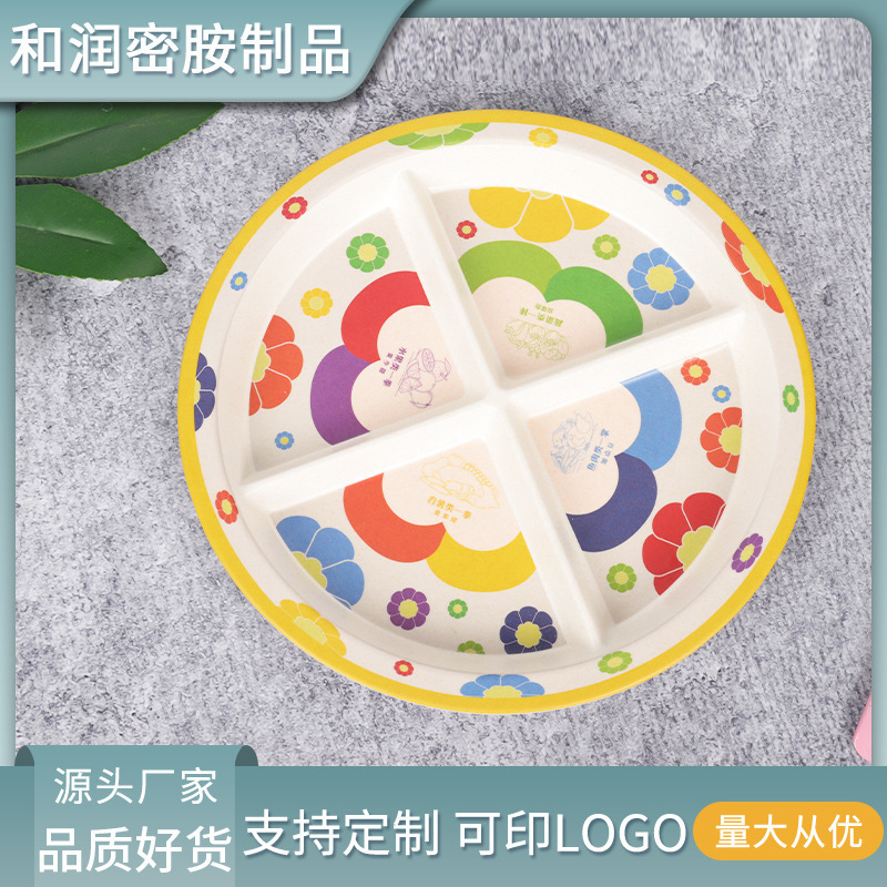 Factory Direct food grade bamboo fiber material Four-grid fruit plate divided plate storage plate melamine snack plate