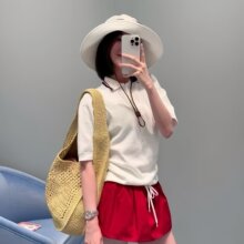26新款学院风纽扣针织衫简约翻领撞色条纹短袖Polo衫上衣女现货发