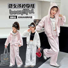 女童春秋季卫衣套装2025新款时尚女孩韩系中大童洋气提花双拉链潮