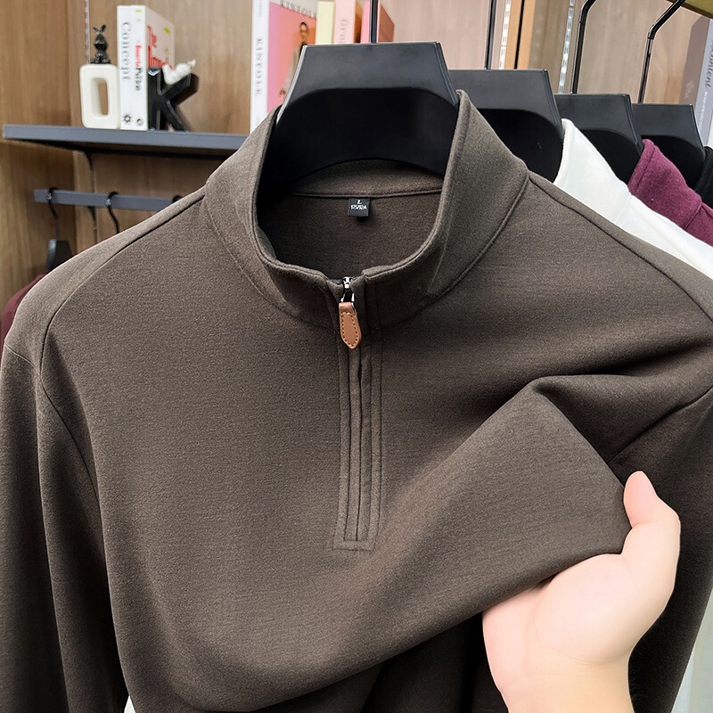 Independent website cross-border wool and silk polar fleece long-sleeve half-high collar base shirt for men, half-zip sweatshirt, solid color, warm