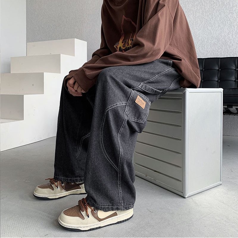 Autumn Logging Tooling Jeans Black Duffy Handsome Boys Pants American High Street Vibe Straight Leg Wide Leg Jeans