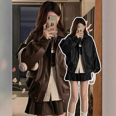 棕色小个子chic皮衣短外套女春秋2025新款美式复古棒球服夹克上衣
