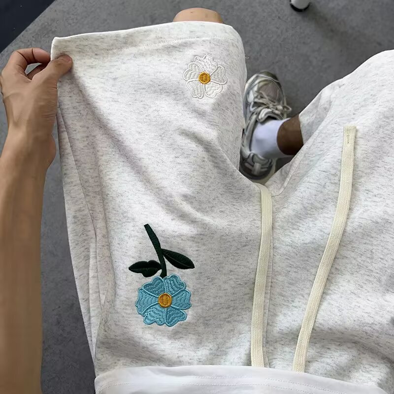 American Retro Gray Floral Embroidered Shorts Men's Summer Trendy Loose Lazy Style Couple's Knee-Length Shorts