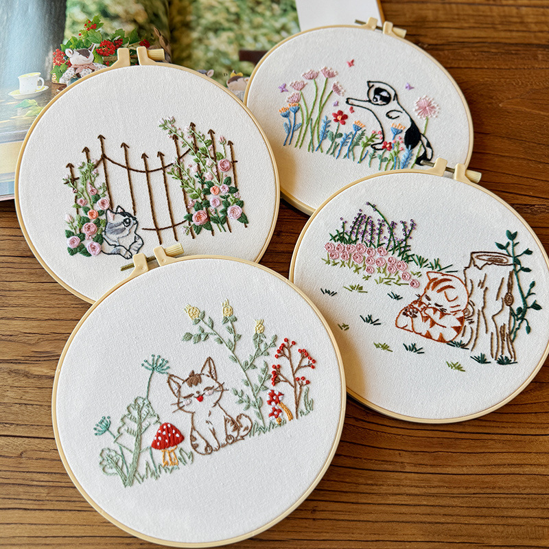 Lu bordado dibujos animados gatito animal pintura colgante bordado a mano paquete de material de bricolaje flores y césped decoración de tela pintura pequeña