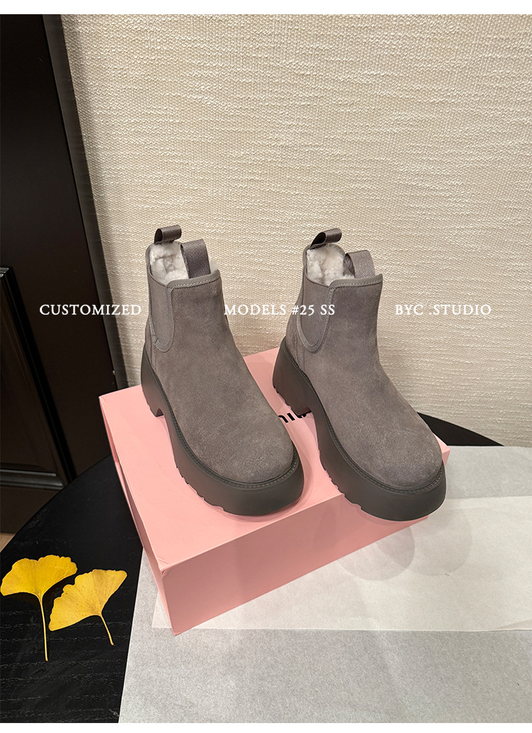 Boot Chelsea nữ da dê lót lông cừu đế dày platform ấm mùa đông — màu đen chi tiết 12