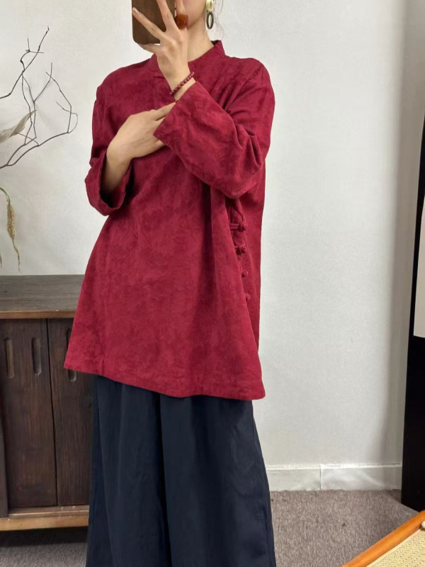 2025秋新款立领斜襟外穿宽松中式女衬衫盘扣茶服复古亚麻提花上衣|undefined