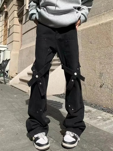 American-style vibe designer pants—Instagram-inspired high-street trendy black denim jeans with tie-up details, featuring a straight-leg silhouette and perfect for Hiphop enthusiasts.