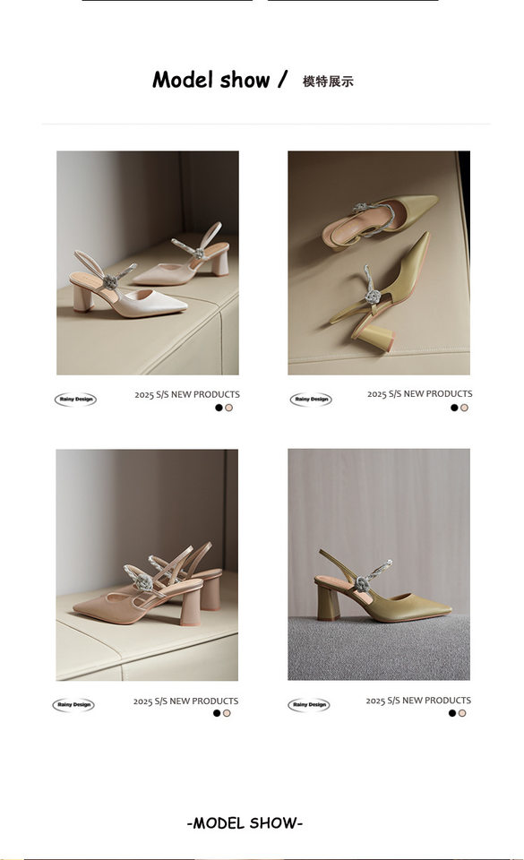 Dép sandal nữ bít mũi mũi nhọn gót thô đính đá hoa, gót 3–6 cm — Màu nâu, Màu trắng be, Màu xanh lục nhạt chi tiết 8