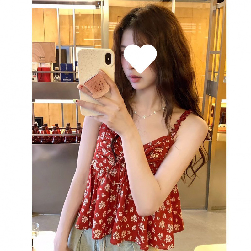 優しいスタイルの花柄キャミソール女性の夏の2025新しいレトロ甘辛レースアップ年齢軽減ショートトップ|undefined