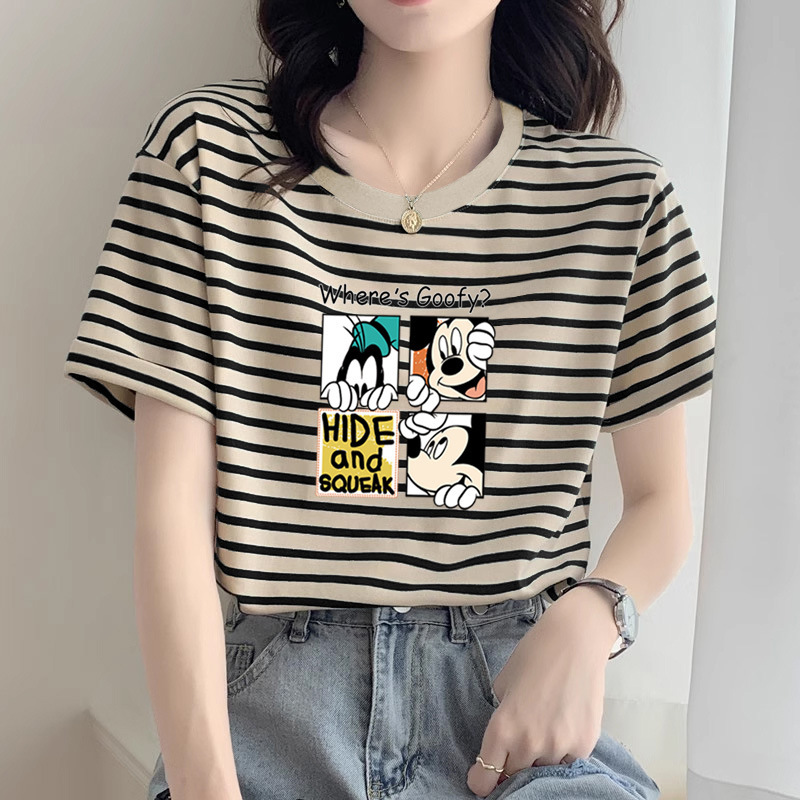 2025新款正肩条纹纯棉短袖t恤女时尚洋气宽松休闲上衣打底衫夏季|undefined
