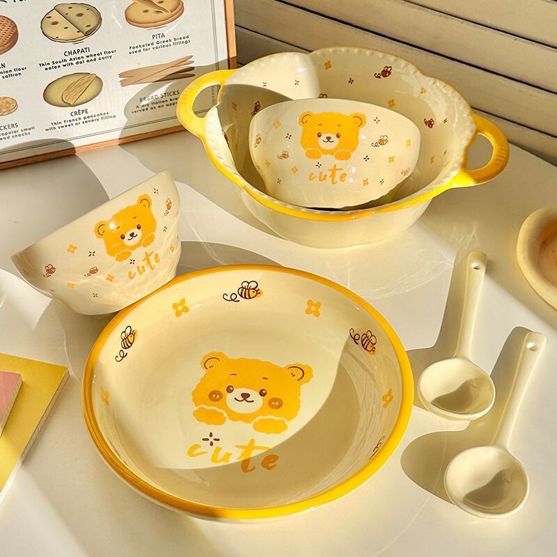 Bee Bear Bowl and Plate Set for Home Dormitory Single Person Dining Tableware Ceramic Rice Bowl Soup Bowl Plate Underglaze Color