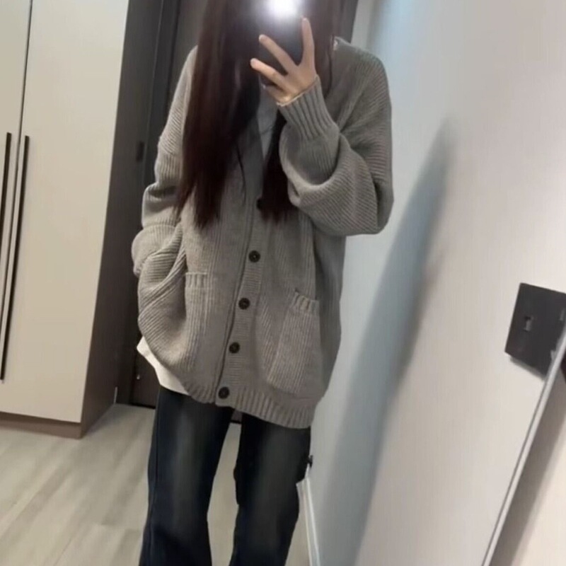 加厚版!慵懒风灰色单排扣毛衣开衫女外套秋装新款韩版宽松针织衫|undefined