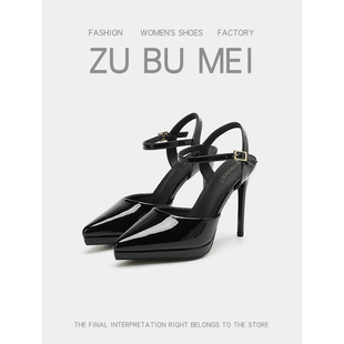 1088-15 Waterproof Platform Hollow High-Heeled Sandals for Women Pointed Toe Stiletto High-Heeled Flats Professional Work Clothing Shoes for Women Slimming Look