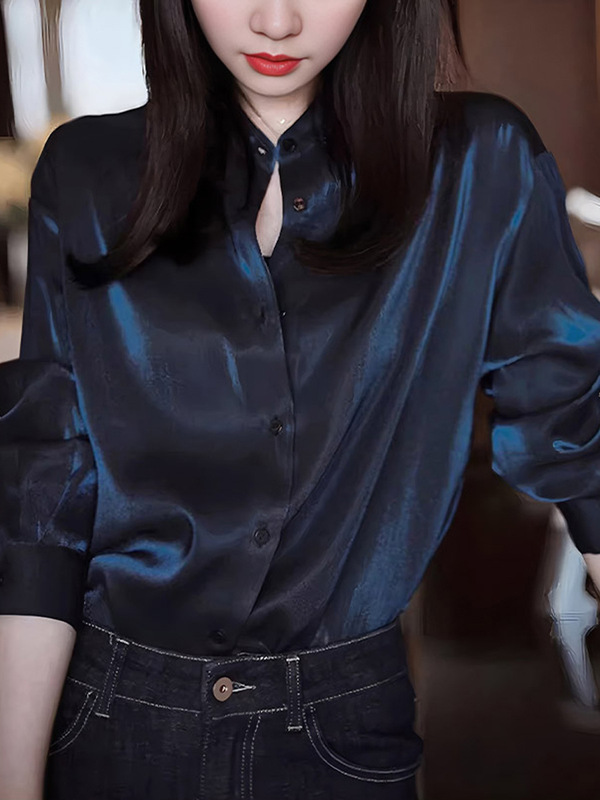 轻奢鎏金蓝zhen丝衬衣女小立领长袖设计感小众法式气质宽松衬衫上|undefined