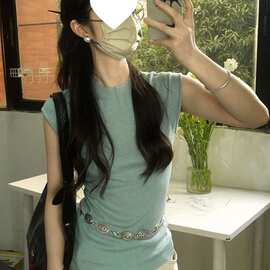 美式复古半高正肩短袖恤女夏季薄款打底针织衫辣妹修身短款上衣