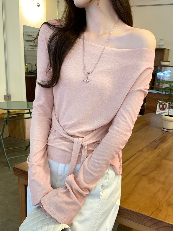 天丝羊毛长袖斜肩t恤女秋季薄款纯欲小心机宽松显瘦气质露肩上衣|undefined