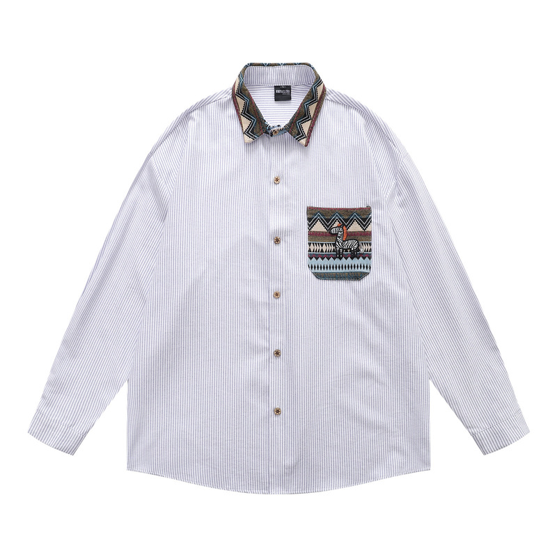 Cross-Border Retro Splicing Ethnic Style Striped Long-Sleeved Shirts for Men and Women Loose Couple Trendy Casual Shirts and Jackets Cross-Border Retro Splicing Ethnic Style Striped Long-Sleeved Shirts for Men and Women Loose Couple Trendy Casual Shirts and Jackets