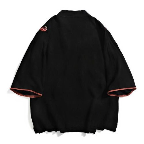 Chinese-style Men's Straight Collar T-shirt, V-neck, Five-finger Sleeve, Loose Large Size Top with Dragon Pattern Embroidery, Cotton-Linen Modern Hanfu Adaptation