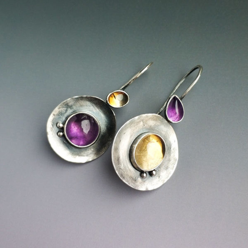 1 Pair Retro Round Water Droplets Inlay Alloy Artificial Gemstones Drop Earrings display picture 2