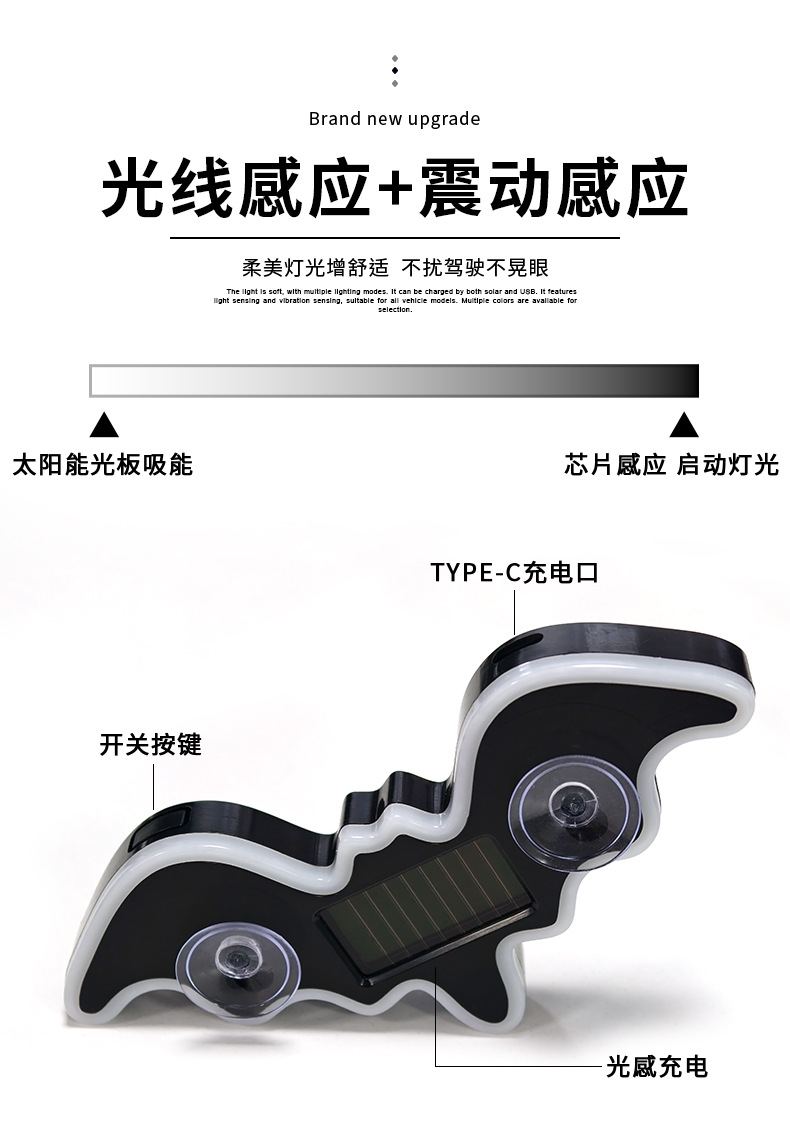 Car Solar-Powered Wireless Led Triangular Window Bat-Shaped Ambient Light, Car Wireless Breathing Light, In-Car Atmosphere Light
