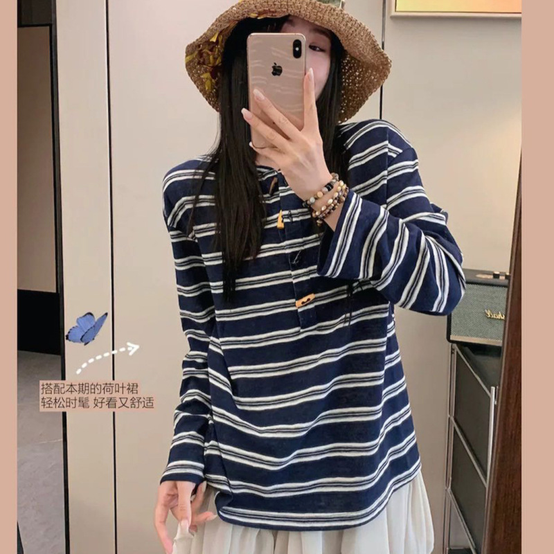 Korean-Style Striped Horn-Button Henley Shirt, Retro Lazy Loose Casual Long-Sleeved T-Shirt for Women, 2026 Spring and Summer New Style
