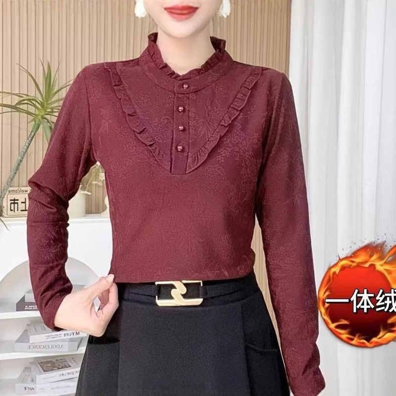 Threaded velvet 2024 new autumn and winter shirt western style wooden ear collar base shirt middle-aged plus size women's small shirt