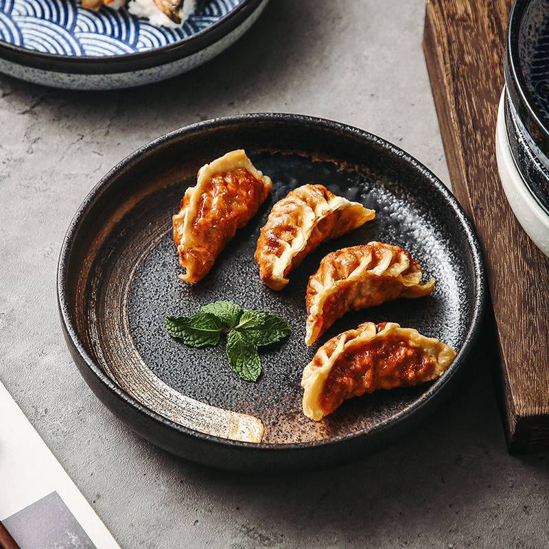 Japanese Style Ceramic Dinner Plate Deep Plate Household Soup Plate Dish Creative Plate Noodle Dish Rice Plate Vintage Tableware for Restaurant