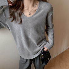 工厂V领宽松长袖t恤女式德绒磨毛慵懒感打底衫休闲可外穿内搭上衣