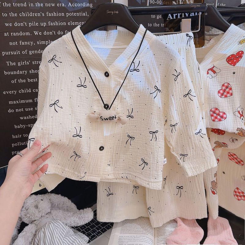 A类品质纯棉儿童睡衣男童女童春秋宝宝双层棉纱家居服套装卡通风T|undefined