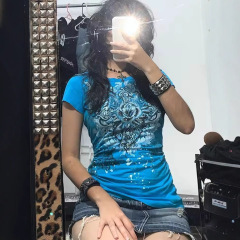 2025 ヨーロッパとアメリカの新しい個性 Y2K スリム半袖プリントトップ tシャツホットガールファッションレトロ婦人服