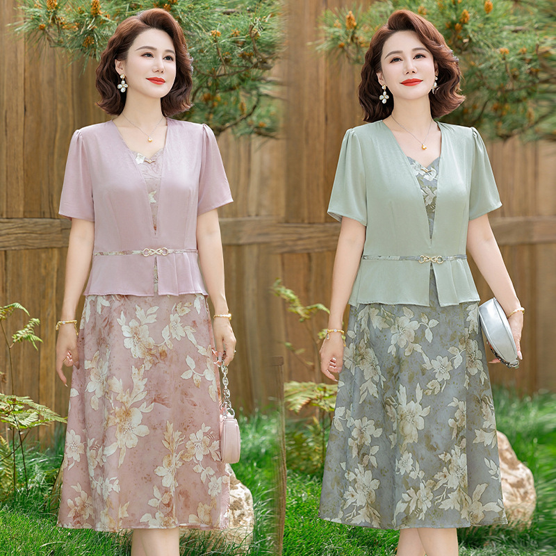 Fashionable Mother Dress Floral Fake Two-piece dress Belly Covering Middle-aged and Elderly Women's Dress Western Style Age-reducing Elegant Slimming Skirt