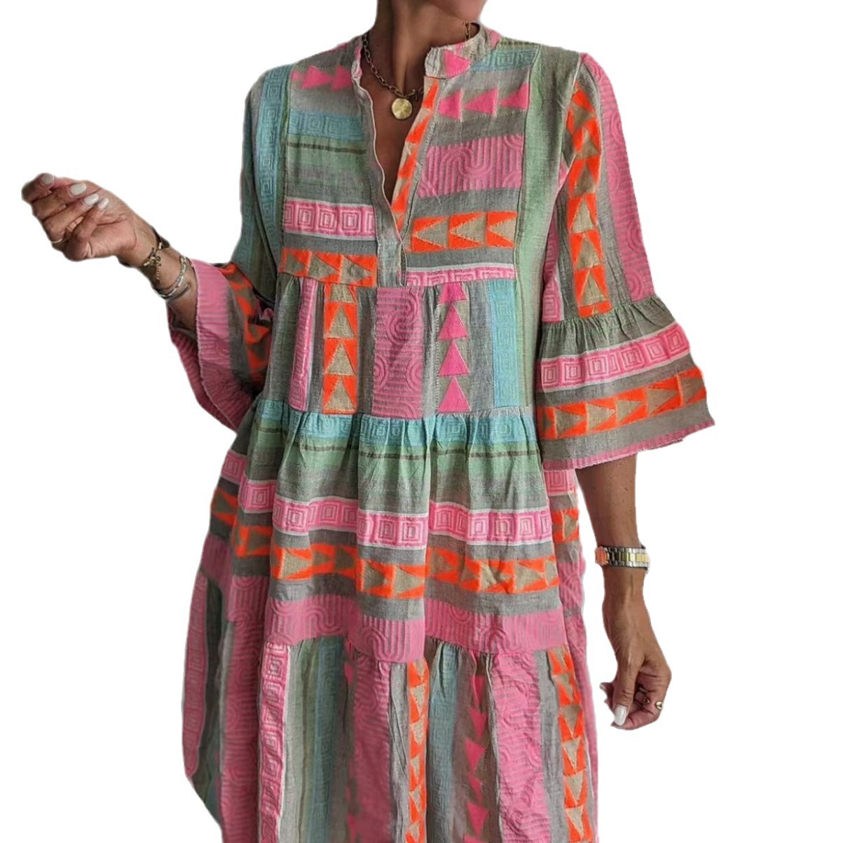 2024 European and American Fashion Independent Station Cross-border New Printed Stand Collar Seven-point Sleeve dress