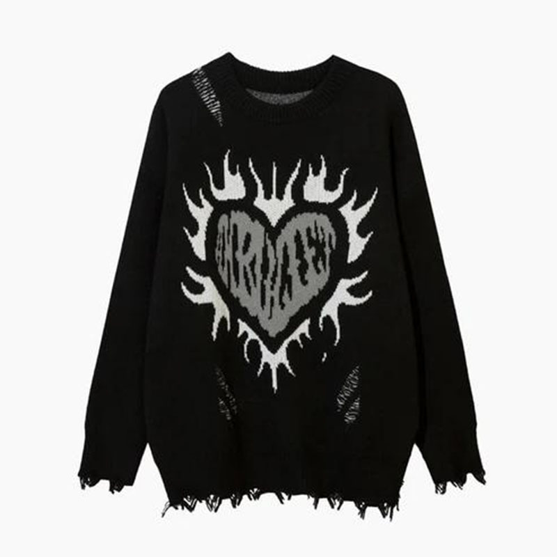 Herrenbekleidung Mode Retro Hip Hop lockerer Freizeitpullover Herzförmiger Flammenloch-Jacquardpullover Herren- und Damenoberteile_voghion.com