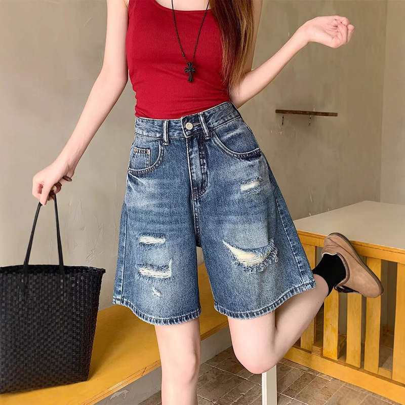 ホットガールストレートリップドデニムショートパンツ女性のための夏の2025新しいハイウエストルーズ痩身非弾性ワイドレッグ5点パンツ|undefined