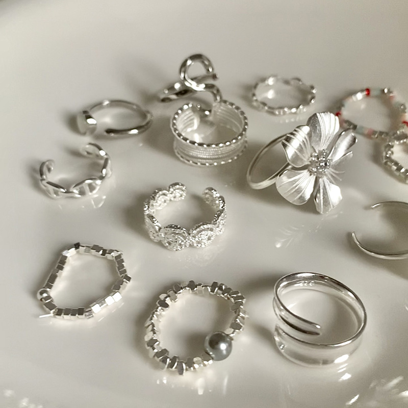 博主同款珍珠碎银子素圈戒指女可调节小众设计高级感新品批发饰品