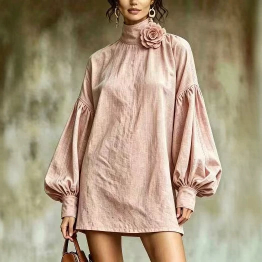 2026 Autumn New Pink 3D Floral High Collar Lantern Sleeve Mini Dress European and American Independent Website