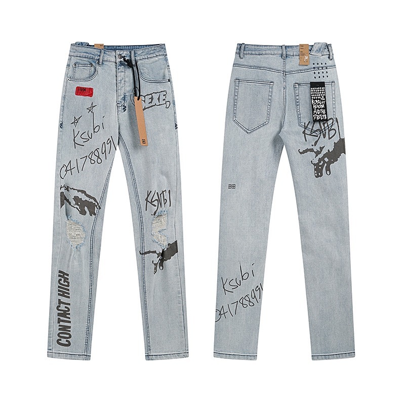 Ksubi トレンディなパープル新 AM スプラッシュインクプリントハイストリートレトロリッピングカジュアルメンズとレディーススリムジーンズ|undefined