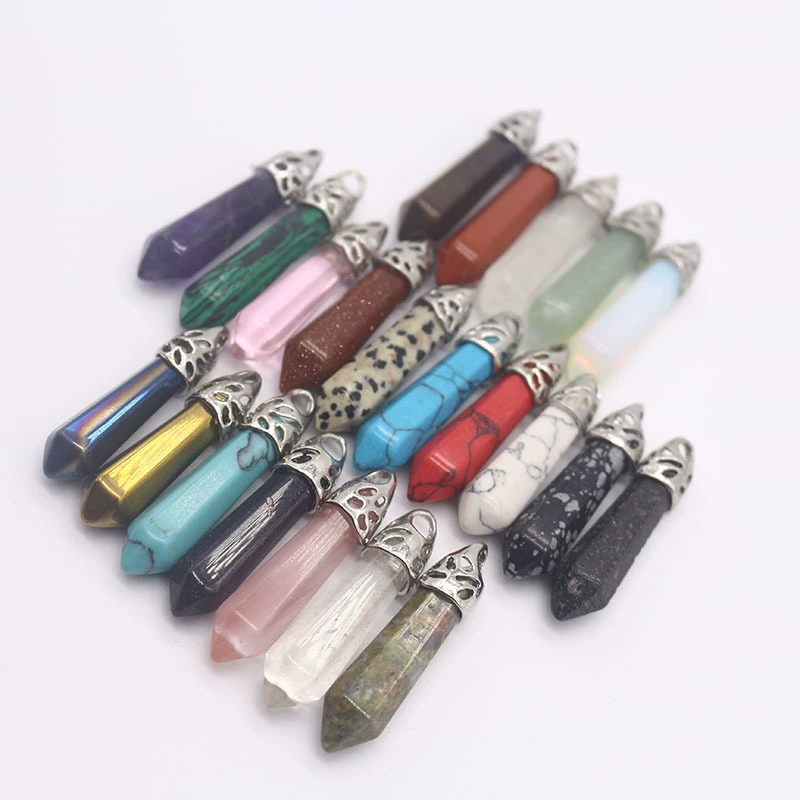 Трансграничный горячий продавать Натуральный Камень Кристалл Бирюзовый шестиугольная колонна сплава Пуля конус один наконечник кулон ожерелье оптом