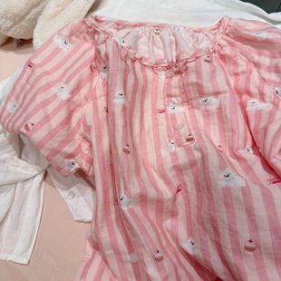 Class a Cotton Double-Layer Gauze Nightgown Short-Sleeved Long-Sleeved Postpartum Home Wear Pajamas Pure Cotton Cartoon Breathable Skin-Friendly Girl